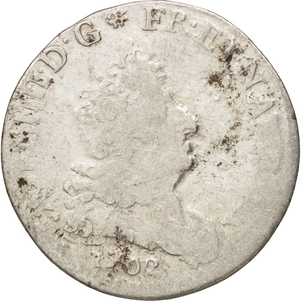 France, Louis XIV, 5 Sols aux insignes, 1702, Lille, VF(20-25), KM:337.20
