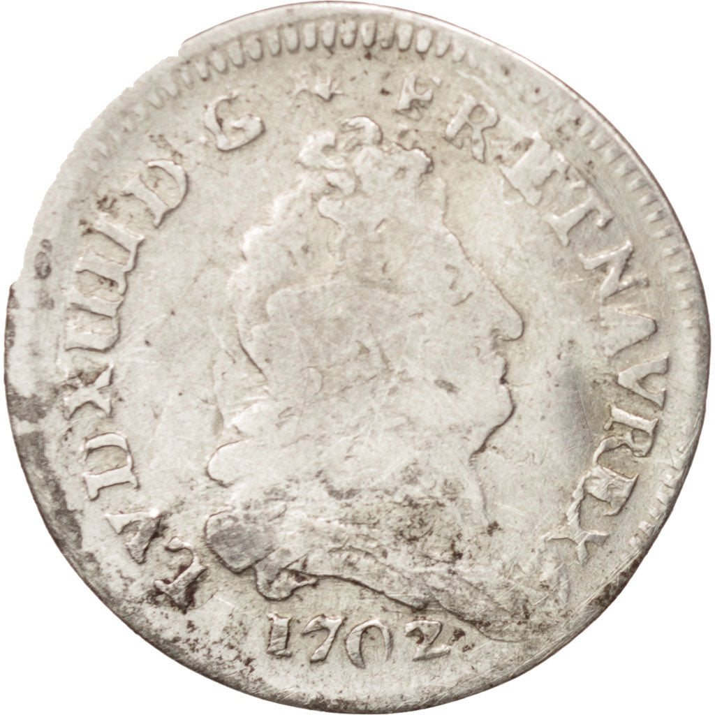 France, Louis XIV, 5 Sols aux insignes, 1702, Rennes, VF(20-25), KM:337.25