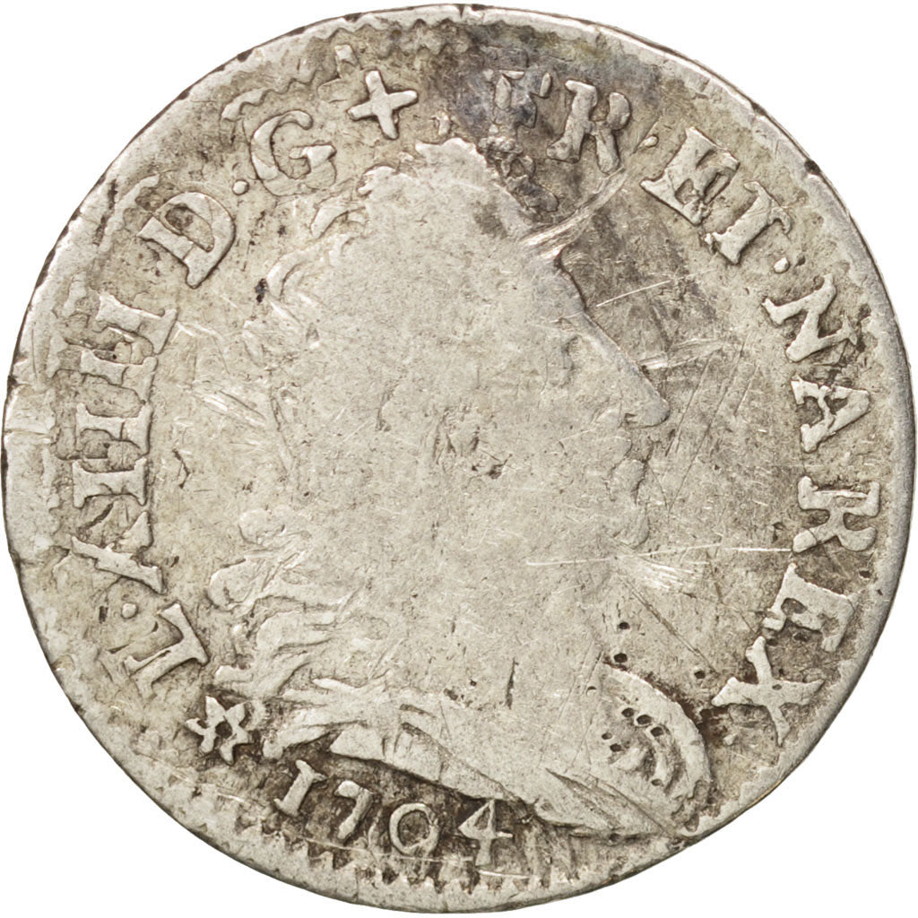 France, Louis XIV, 5 Sols aux insignes, 1704, Strasbourg, B+, Gadoury:108