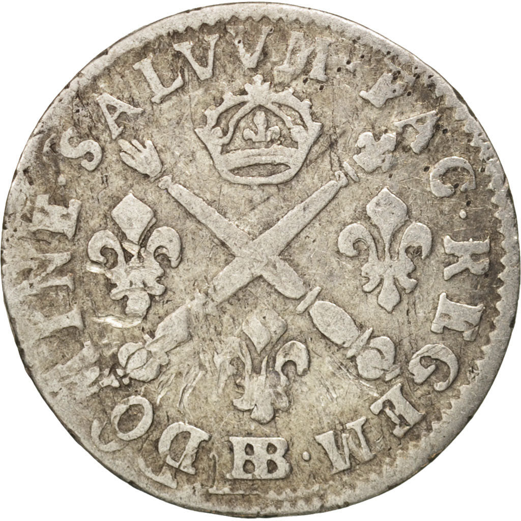 France, Louis XIV, 5 Sols aux insignes, 1704, Strasbourg, B+, Gadoury:108