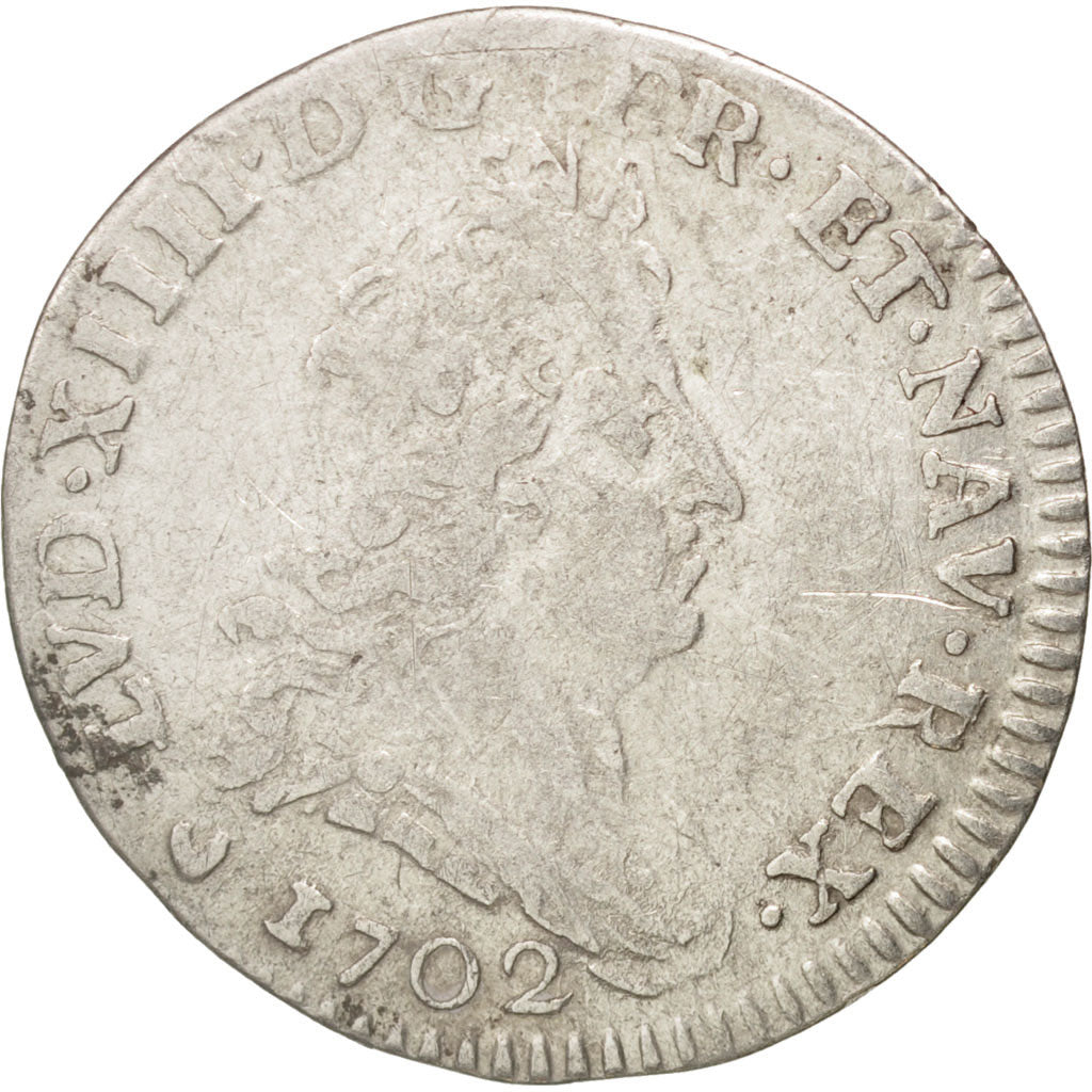 France, Louis XIV, 5 Sols aux insignes, 1702, Tours, VF(30-35), KM:337.7