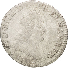 France, Louis XIV, 5 Sols aux insignes, 1702, Tours, VF(30-35), KM:337.7