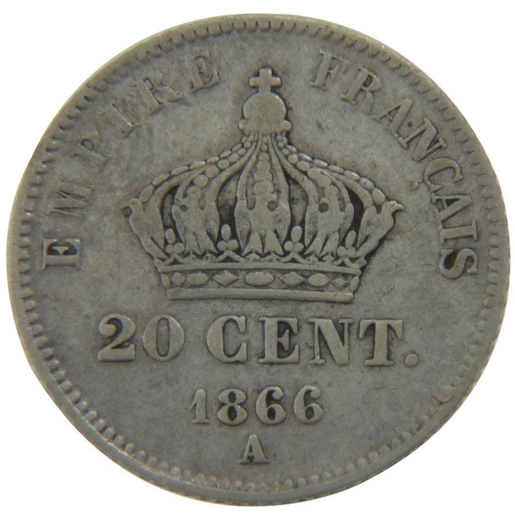 FRANCE, Napoléon III, 20 Centimes, 1866, Paris, KM #805.1, VF(30-35), Silver, G.