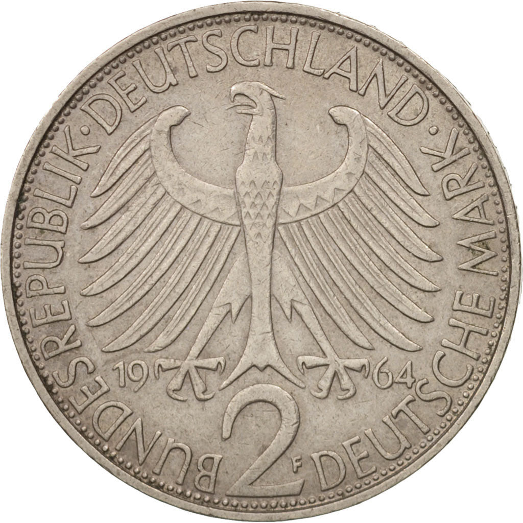 GERMANY - FEDERAL REPUBLIC, 2 Mark, 1964, Stuttgart, EF(40-45), KM:116