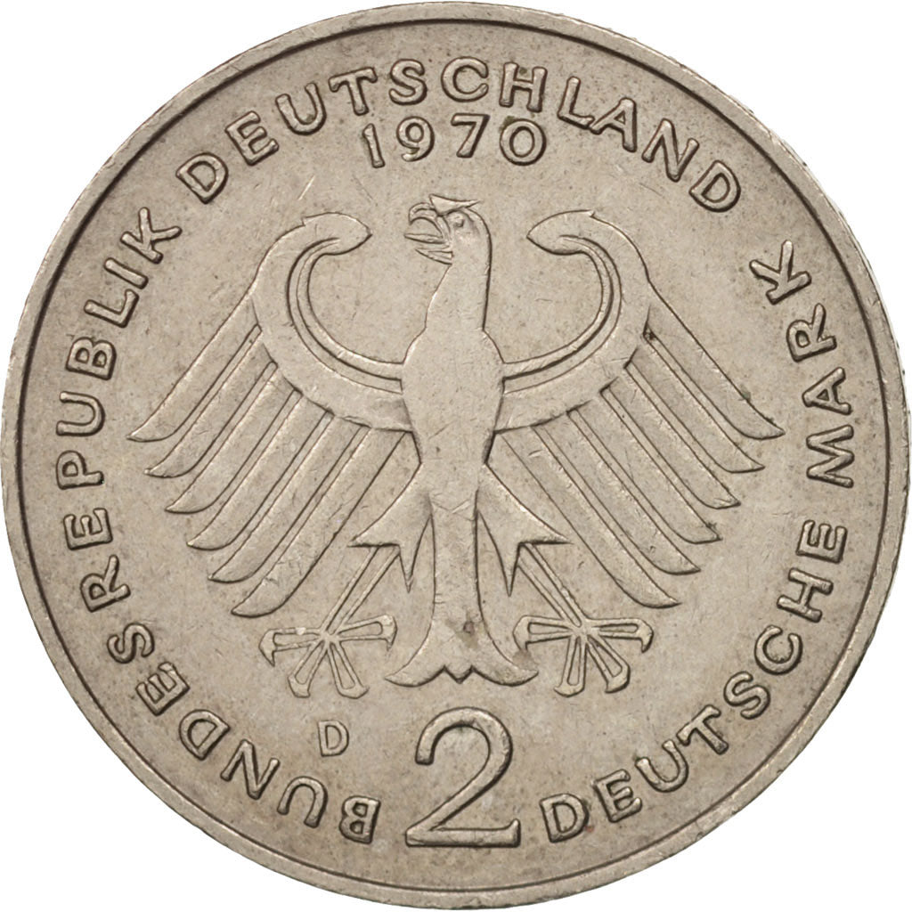 Moneta, Niemcy - RFN, 2 Mark, 1970, Munich, AU(50-53), Miedź-Nikiel niklowany