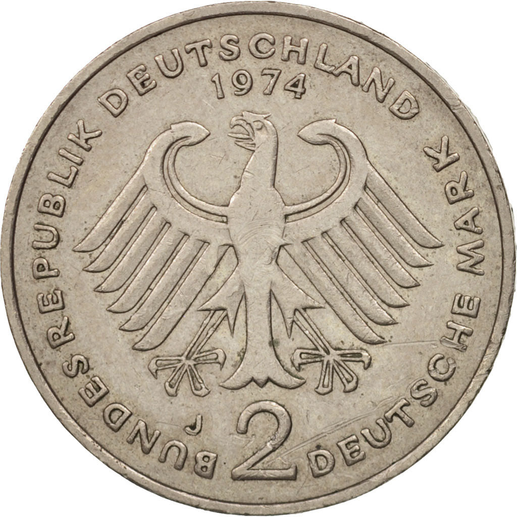 République fédérale allemande, 2 Mark, 1974, Hamburg, TTB+, KM:A127