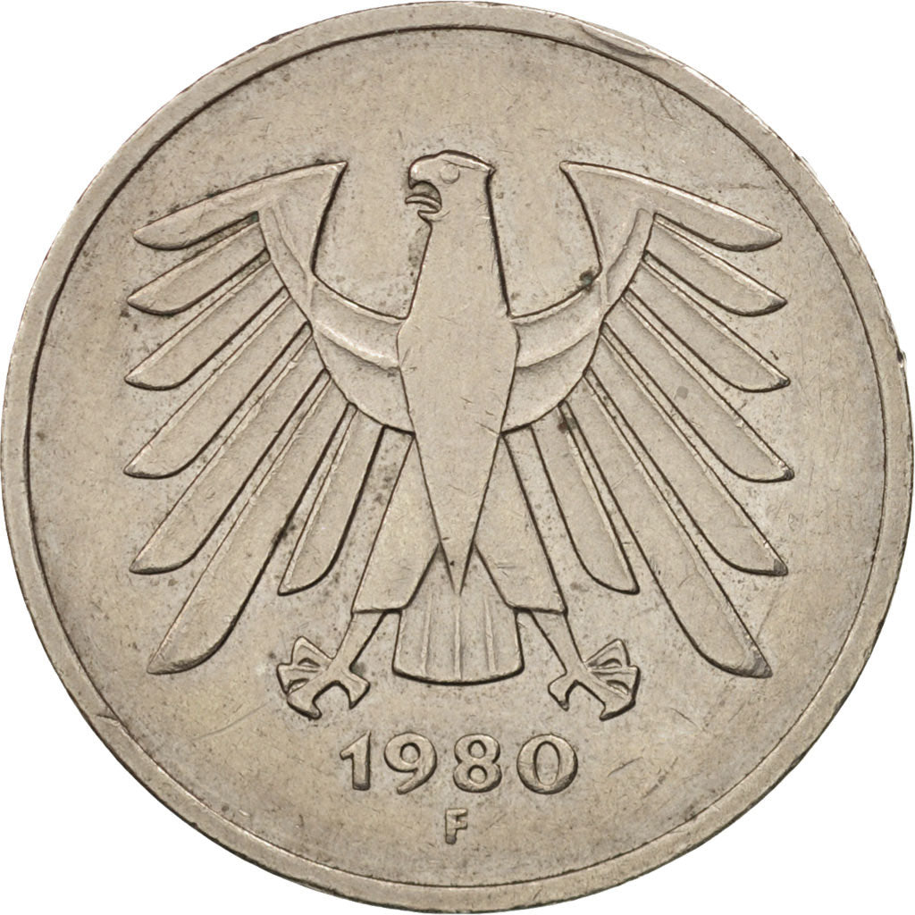 GERMANY - FEDERAL REPUBLIC, 5 Mark, 1980, Stuttgart, AU(55-58), KM:140.1