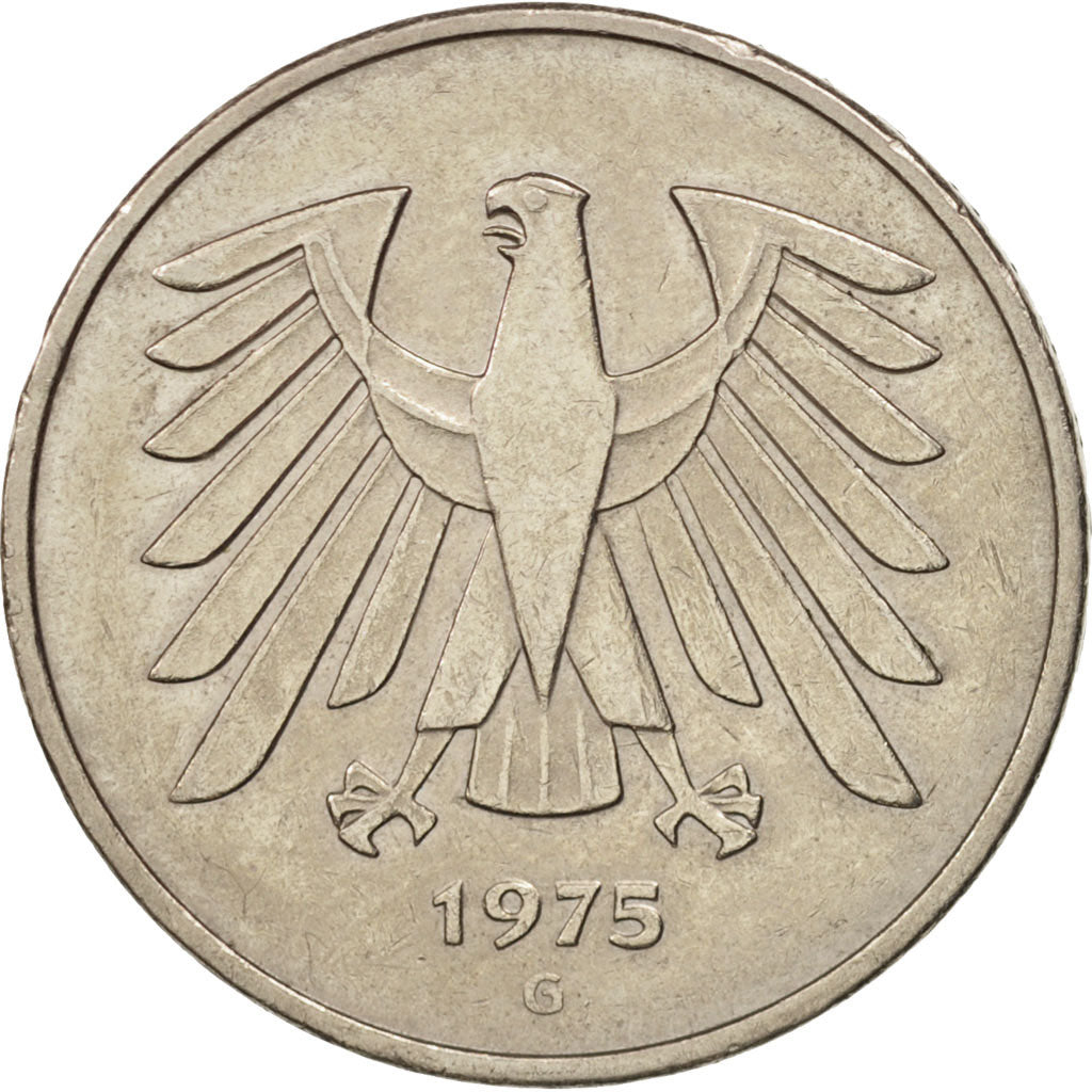 Moneda, ALEMANIA - REPÚBLICA FEDERAL, 5 Mark, 1975, Karlsruhe, MBC+, Cobre -