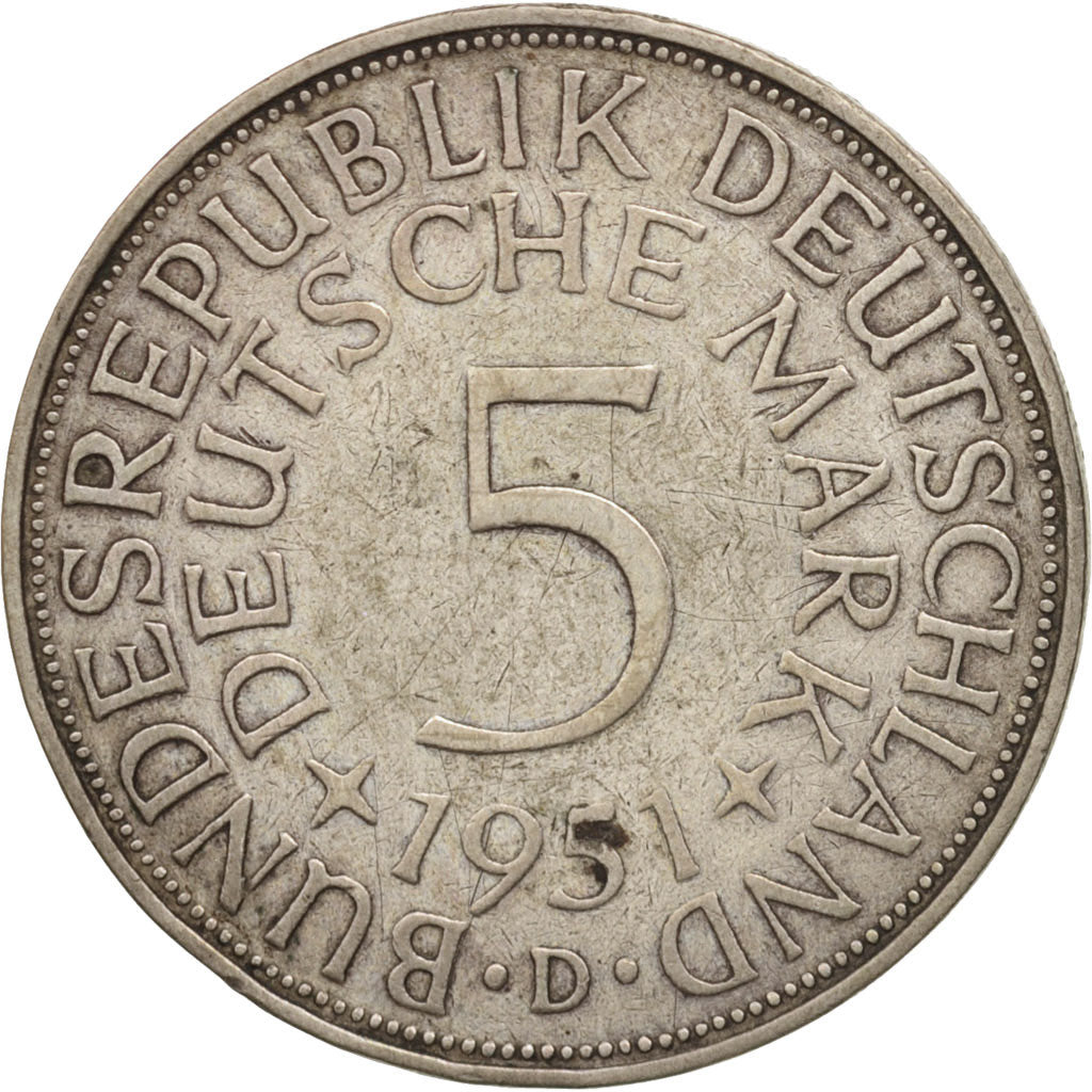 GERMANY - FEDERAL REPUBLIC, 5 Mark, 1951, Munich, EF(40-45), Silver, KM:112.1
