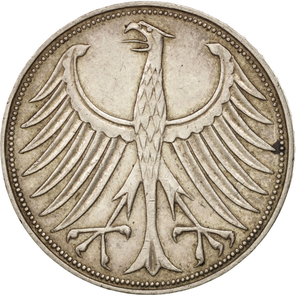 GERMANIA - REPUBBLICA FEDERALE, 5 Mark, 1964, Munich, BB+, Argento, KM:112.1