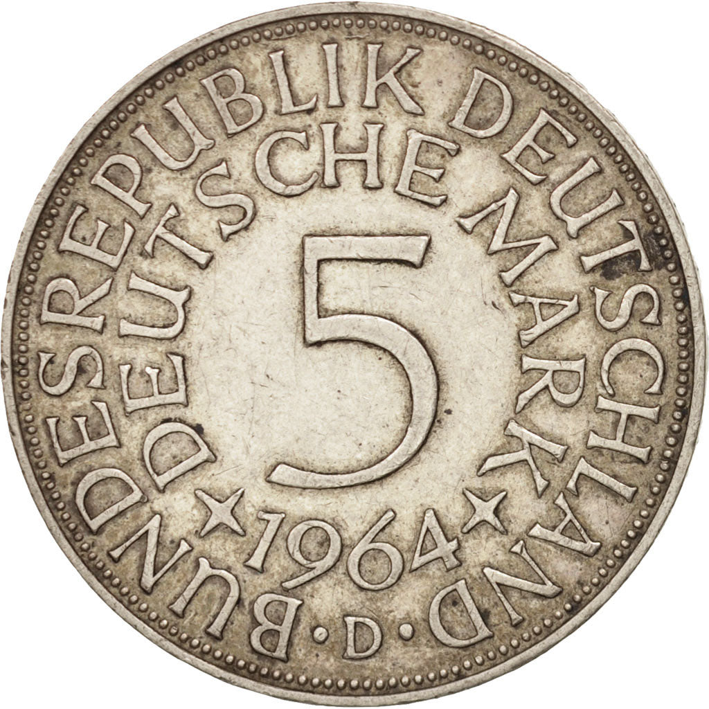 GERMANIA - REPUBBLICA FEDERALE, 5 Mark, 1964, Munich, BB+, Argento, KM:112.1