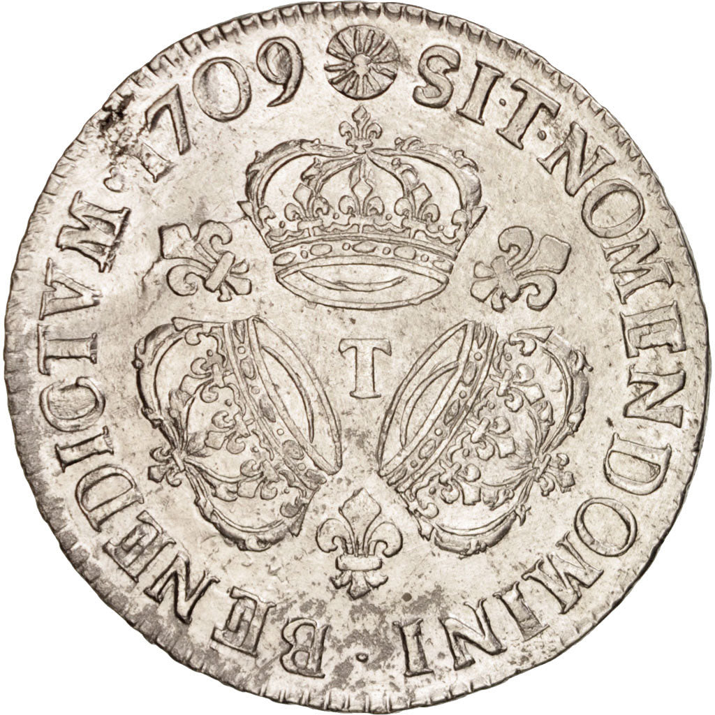 Francia, Louis XIV, Écu aux 3 couronnes, Ecu, 1709, Nantes, BB, Argento, KM:...