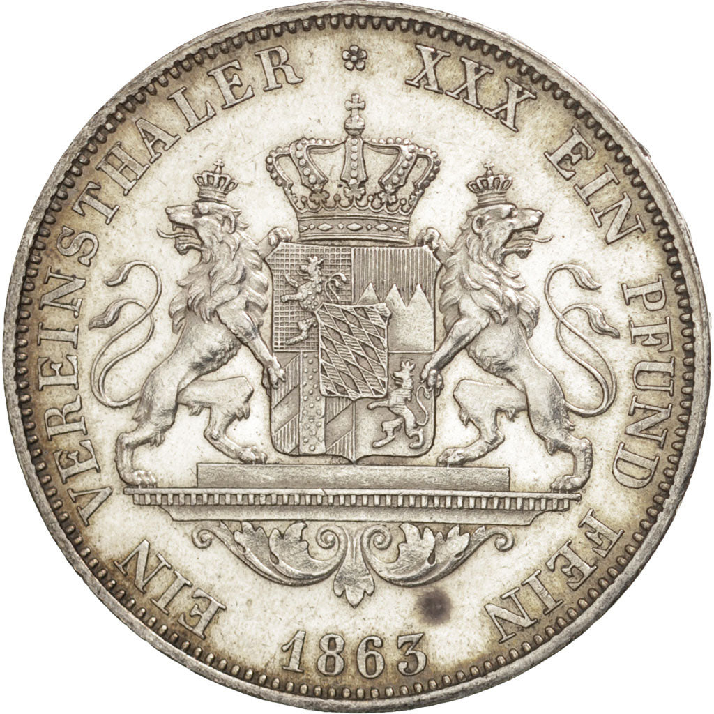 German States, BAVARIA, Maximilian II, Thaler, Vereins, 1863, AU(55-58), KM:852