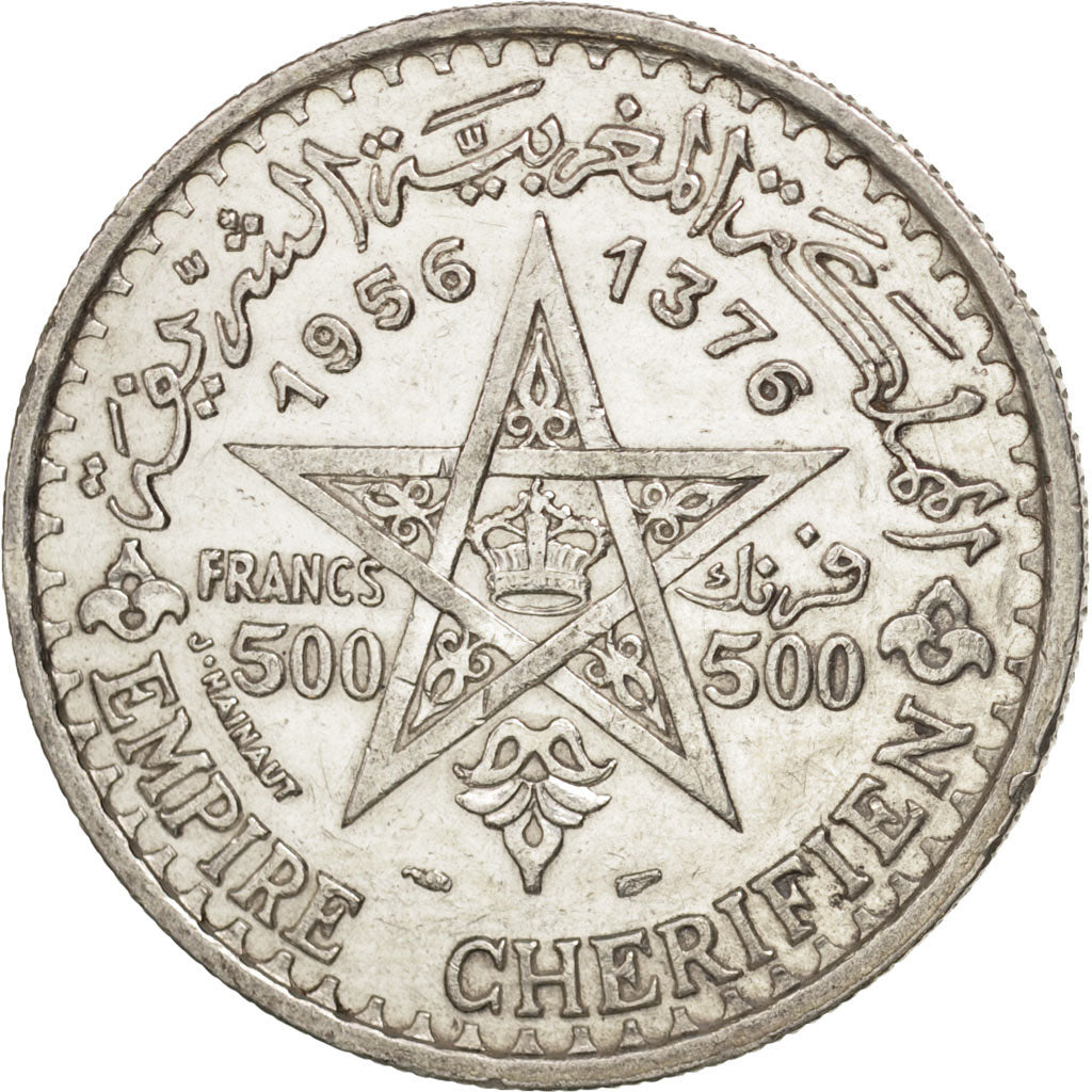Morocco, Mohammed V, 500 Francs, 1956, Paris, AU(50-53), Silver, KM:54