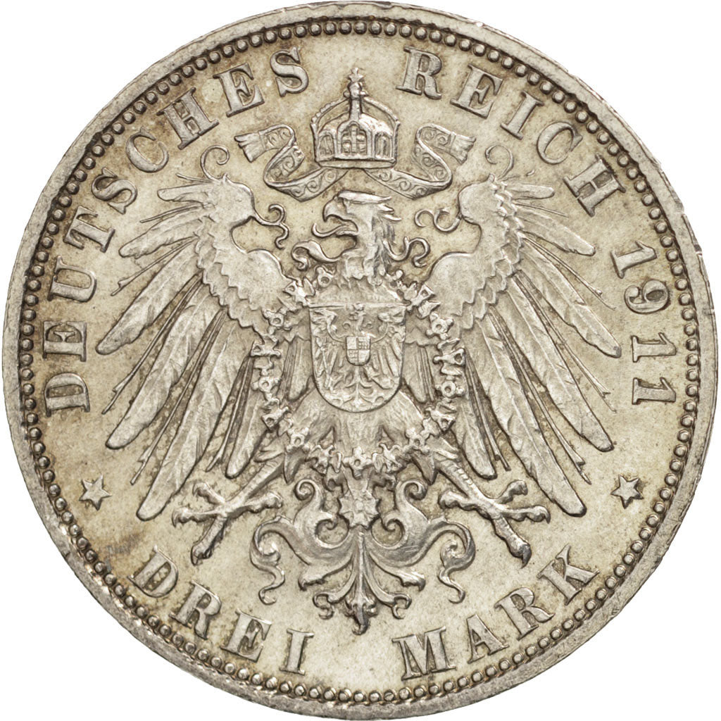 Coin, German States, BAVARIA, Otto, 3 Mark, 1911, Munich, AU(55-58), Silver