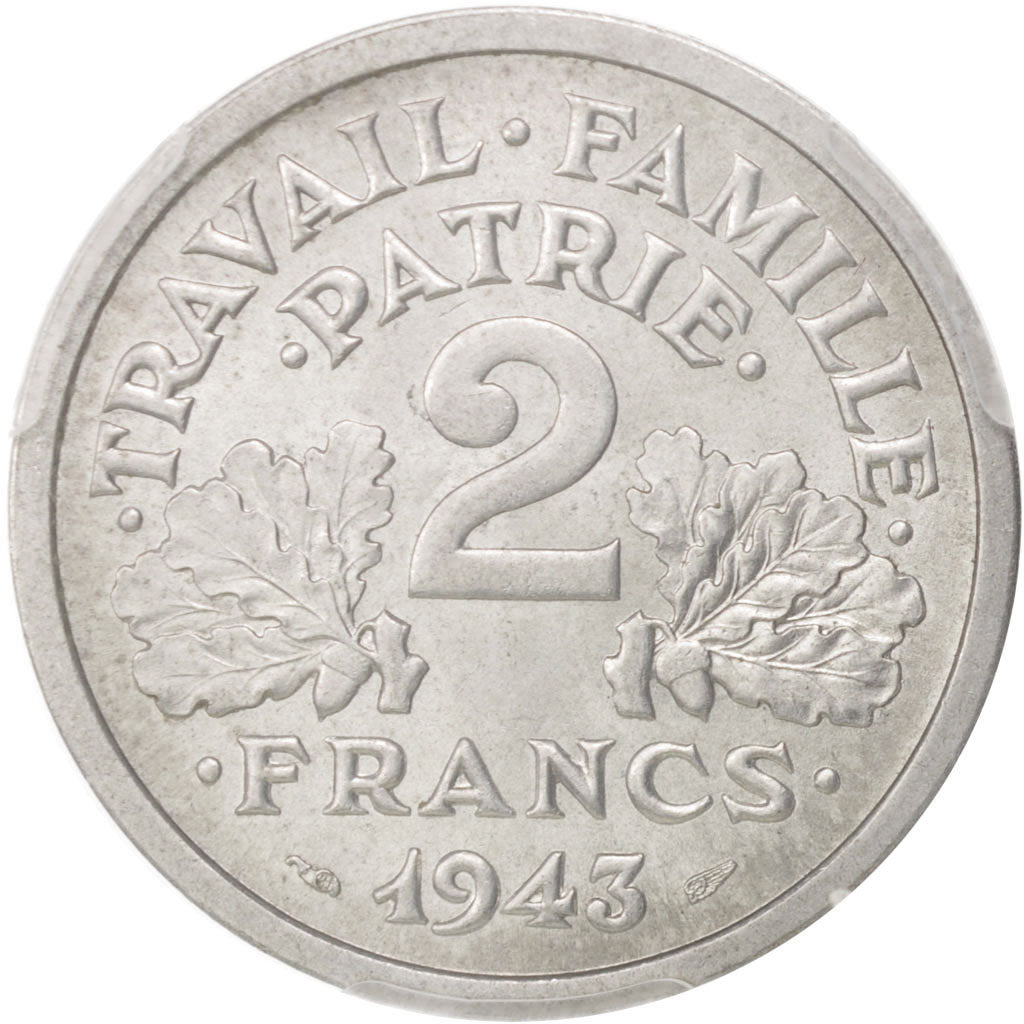 France, Bazor, 2 Francs, 1943, Beaumont Le Roger, PCGS, MS64+, KM:904.2