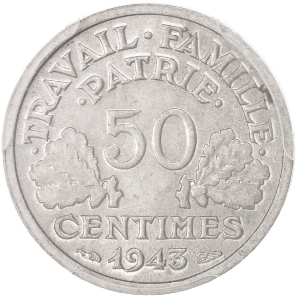 France, Bazor, 50 Centimes, 1943, Beaumont Le Roger, PCGS, MS65, KM:914.2