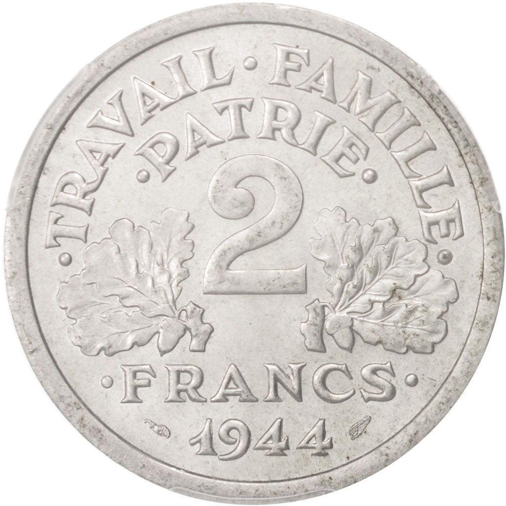 France, Bazor, 2 Francs, 1944, Castelsarrasin, PCGS, MS64, Aluminum, KM:904.3