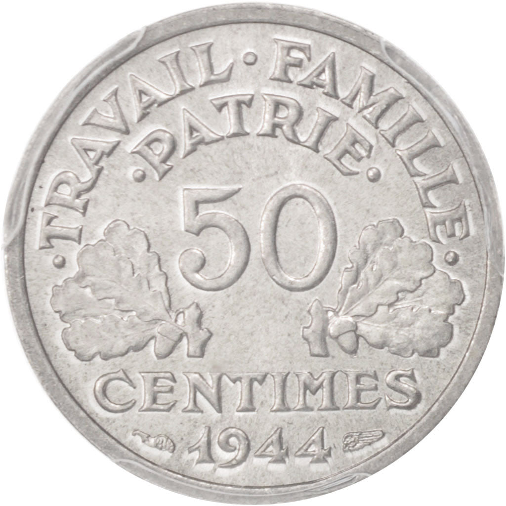 France, Bazor, 50 Centimes, 1944, Castelsarrasin, PCGS, MS65, KM:914.3
