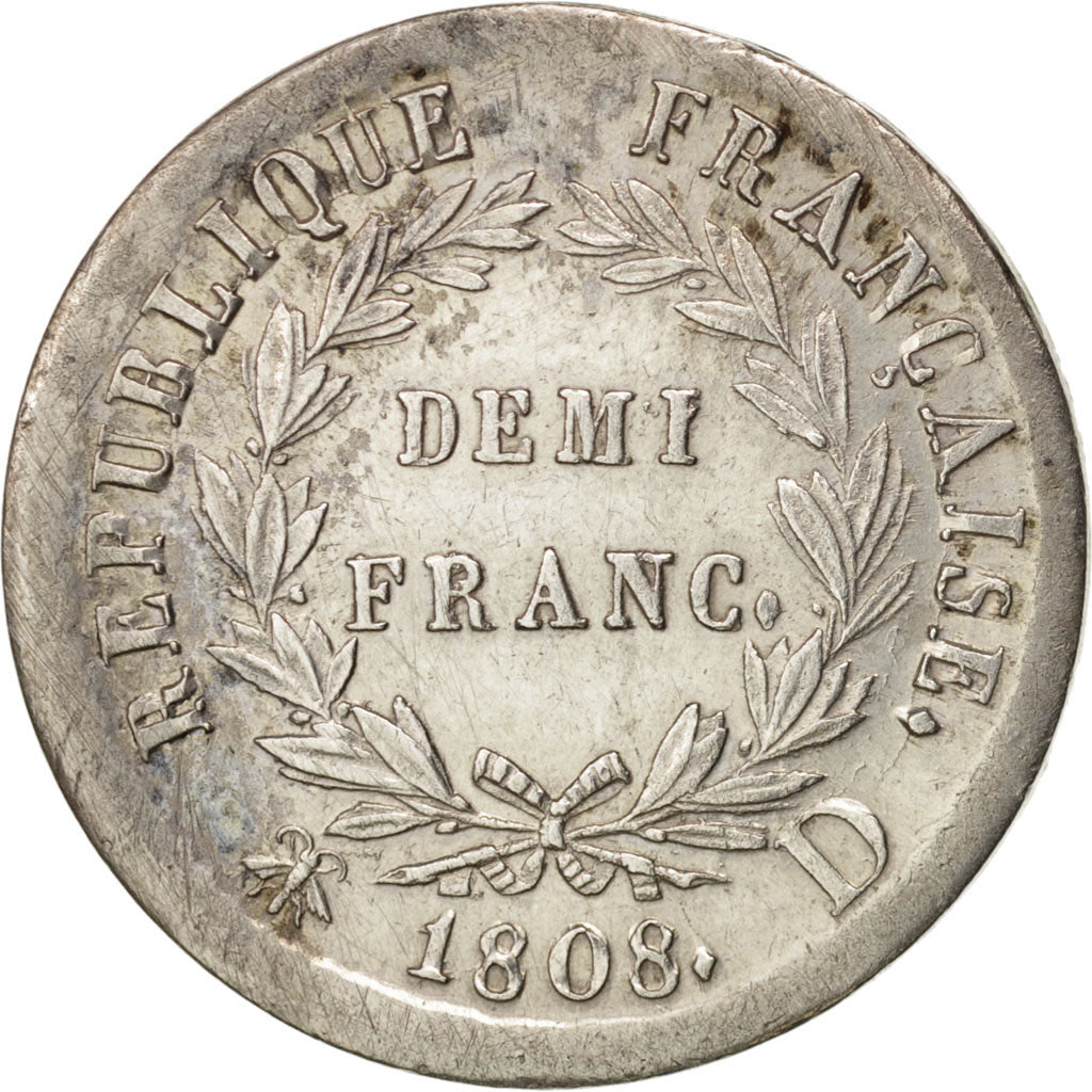 France, Napoléon I, 1/2 Franc, 1808, Lyon, AU(50-53), Silver, KM:680.4