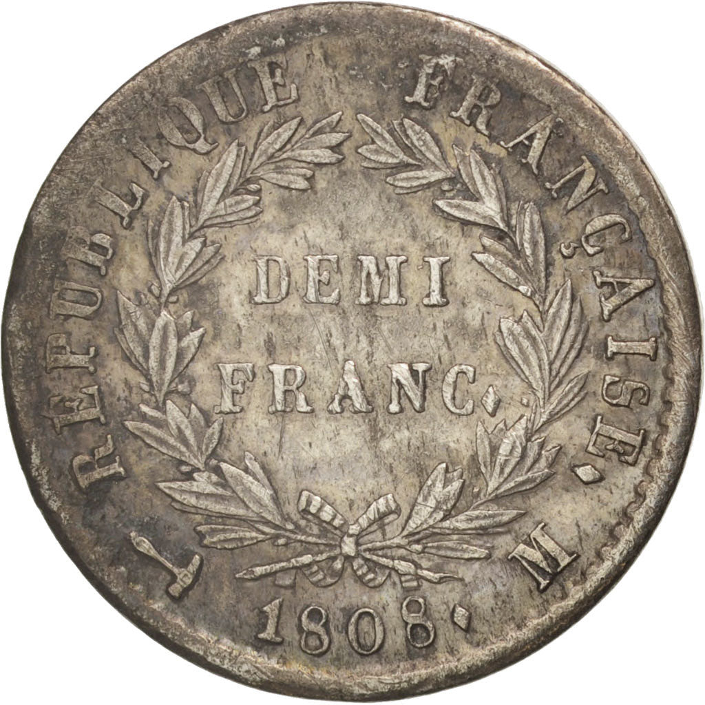 France, Napoléon I, 1/2 Franc, 1808, Toulouse, AU(50-53), Silver, KM:680.9