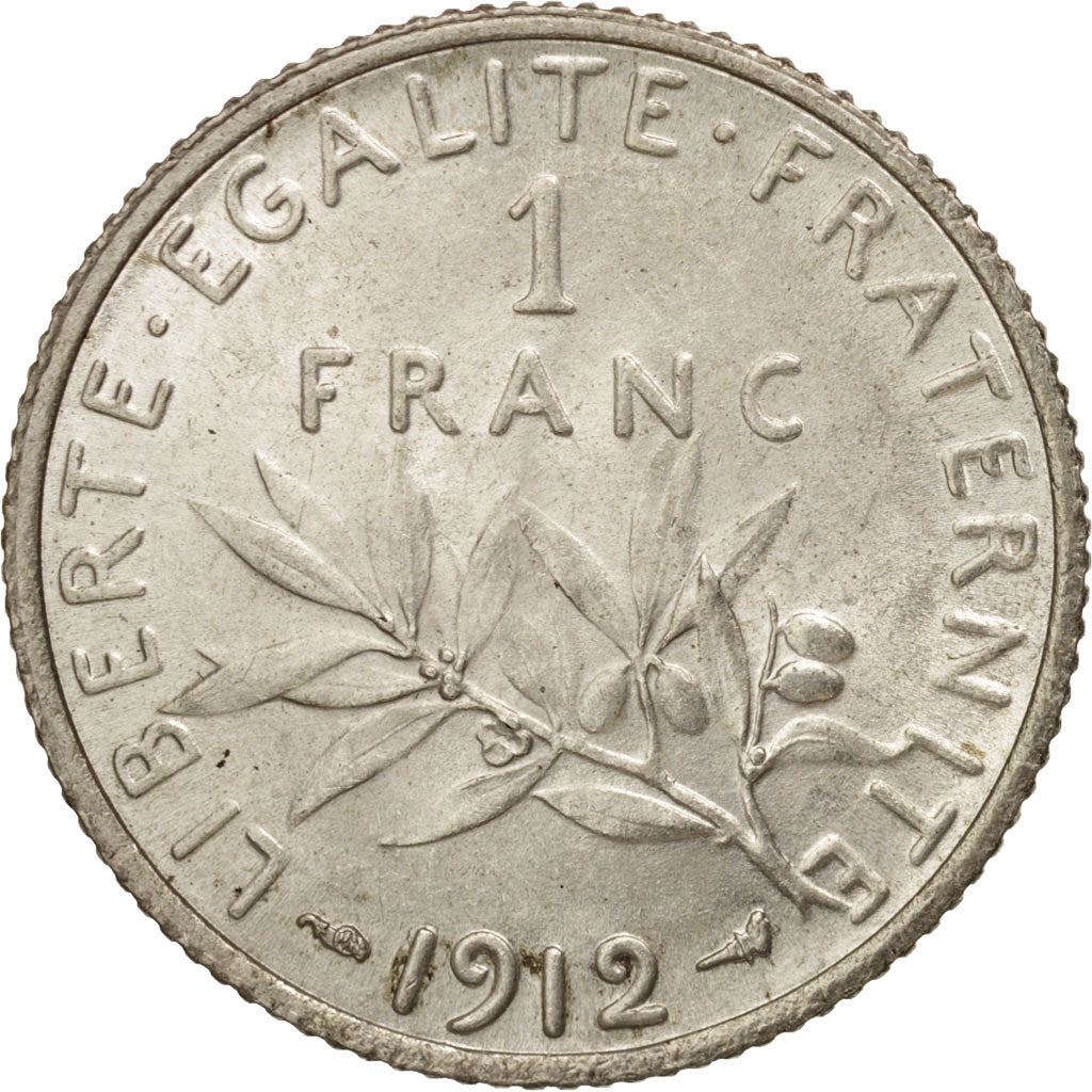France, Semeuse, Franc, 1912, Paris, MS(63), Silver, KM:844.1, Gadoury:467