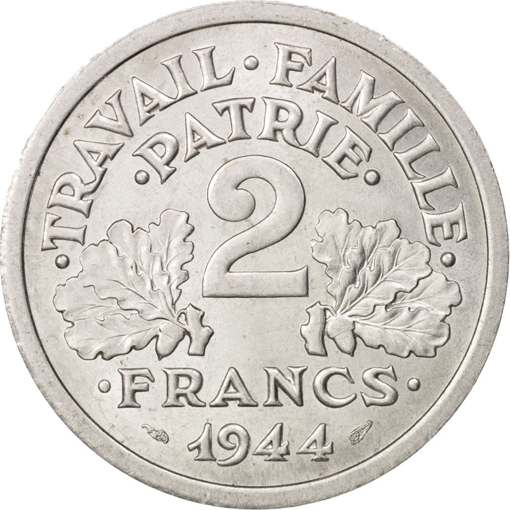 France, Bazor, 2 Francs, 1944, Beaumont Le Roger, MS(64), Aluminum, KM:904.2
