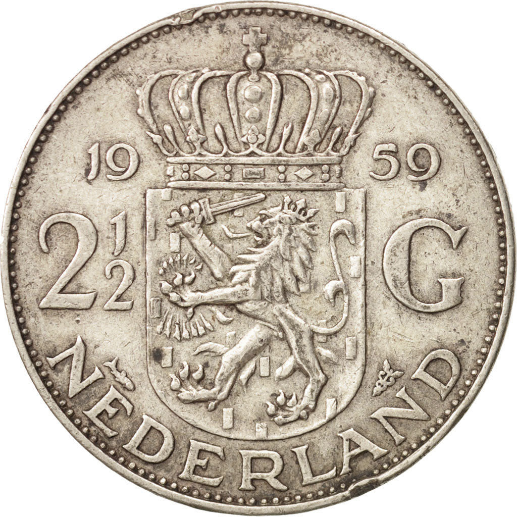 Netherlands, Juliana, 2-1/2 Gulden, 1959, EF(40-45), Silver, KM:185