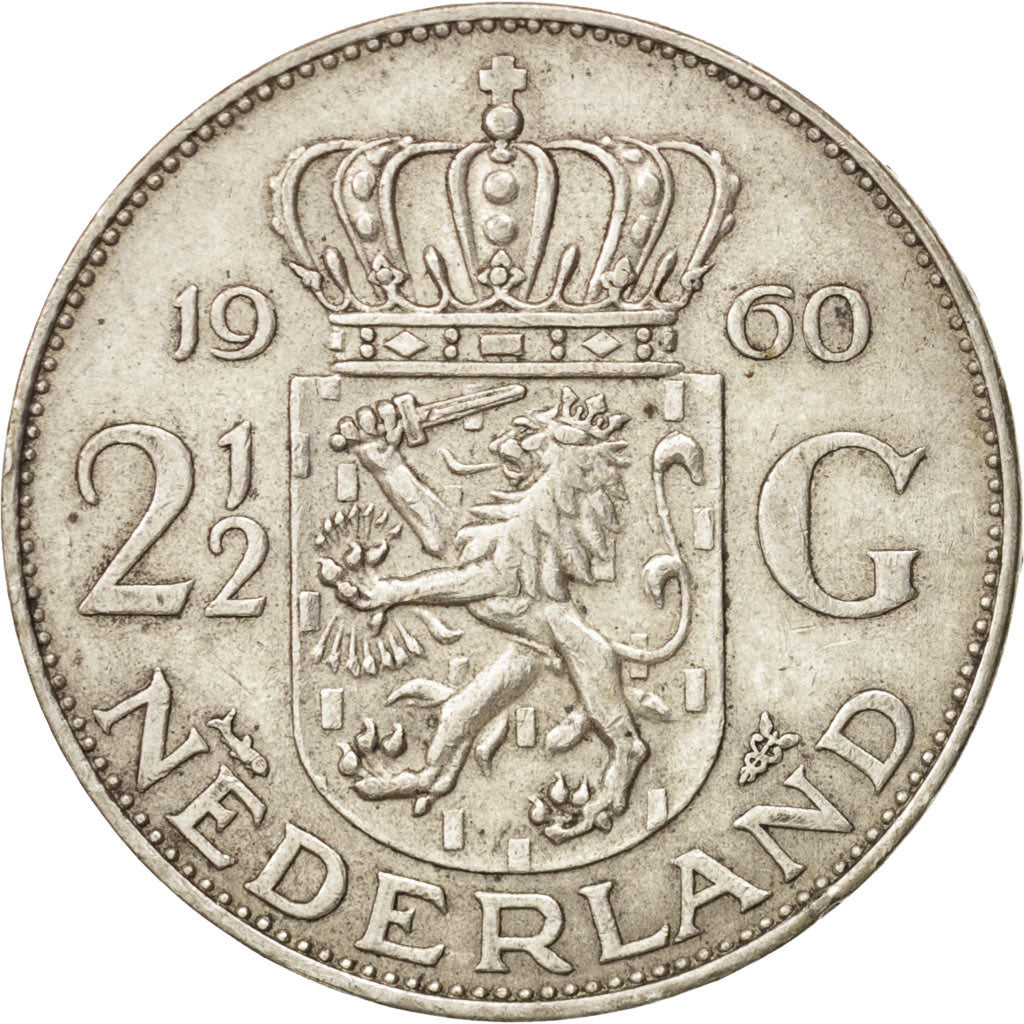 Coin, Netherlands, Juliana, 2-1/2 Gulden, 1960, EF(40-45), Silver, KM:185