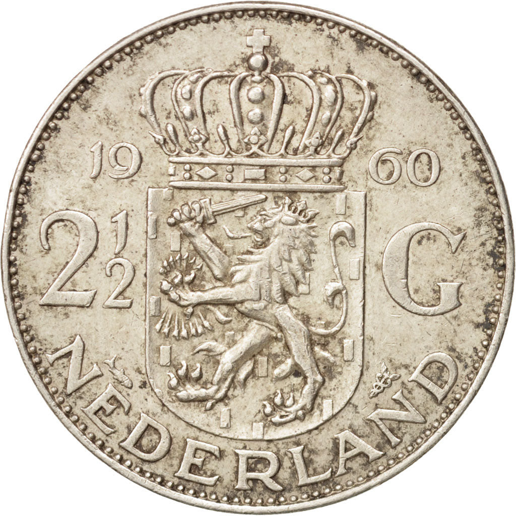 Coin, Netherlands, Juliana, 2-1/2 Gulden, 1960, AU(50-53), Silver, KM:185