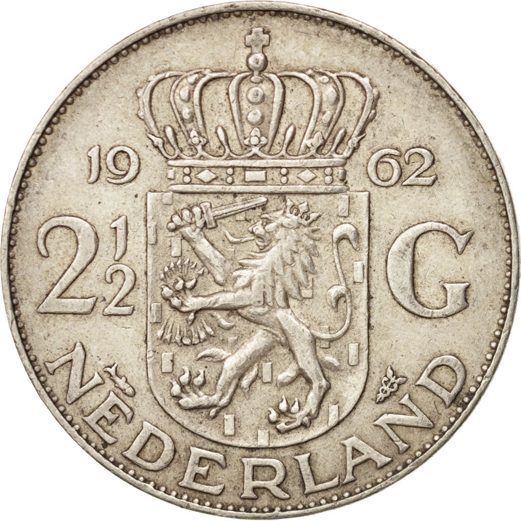 Coin, Netherlands, Juliana, 2-1/2 Gulden, 1962, EF(40-45), Silver, KM:185