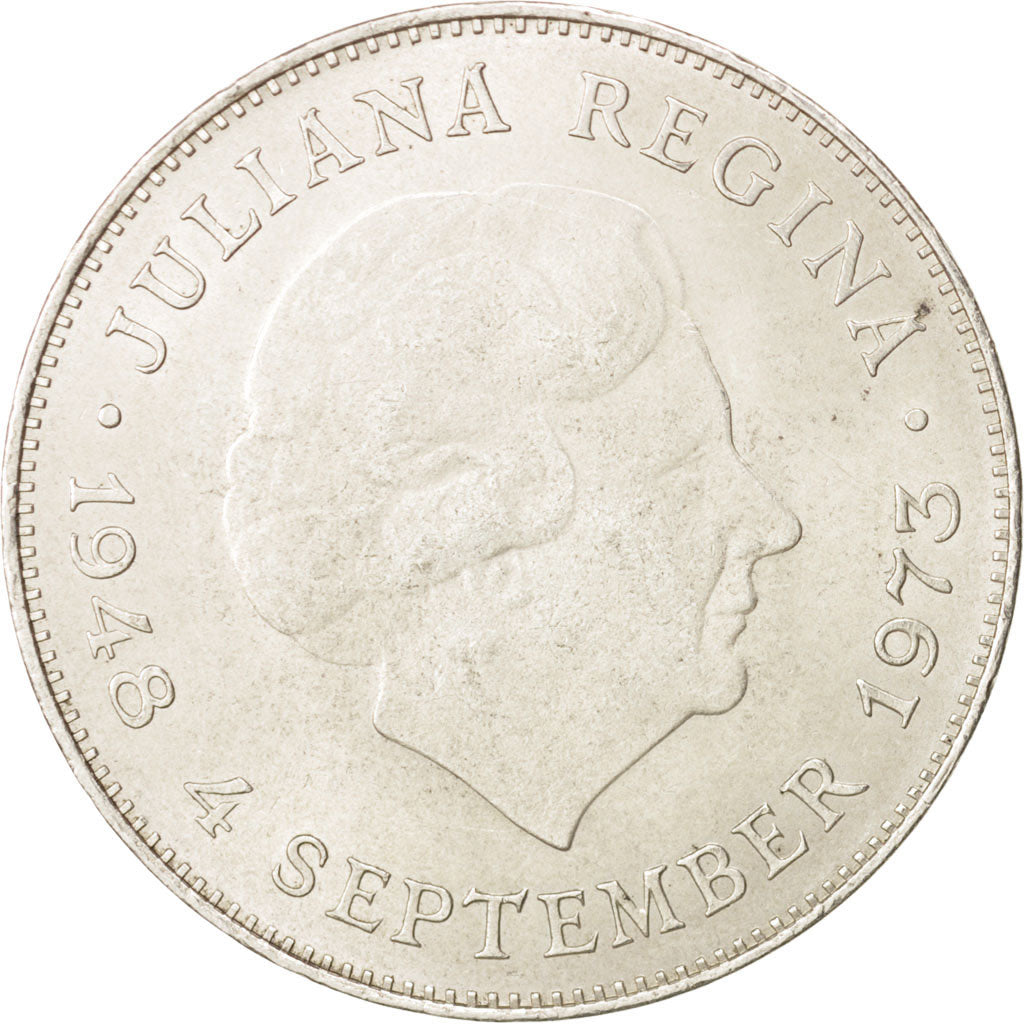 Coin, Netherlands, Juliana, 10 Gulden, 1973, AU(55-58), Silver, KM:196