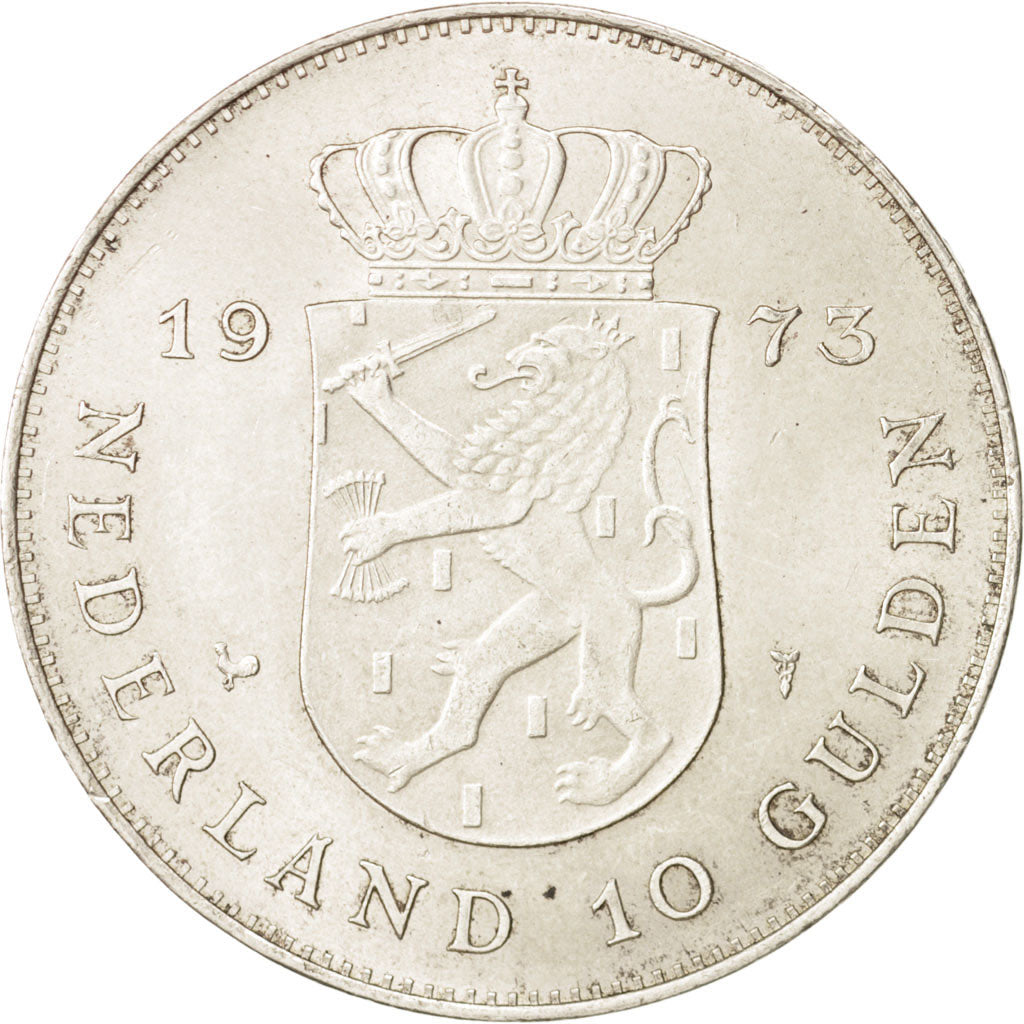 Coin, Netherlands, Juliana, 10 Gulden, 1973, AU(55-58), Silver, KM:196