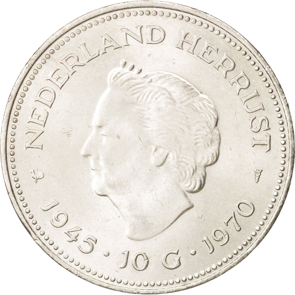 Netherlands, Juliana, 10 Gulden, 1970, MS(60-62), Silver, KM:195