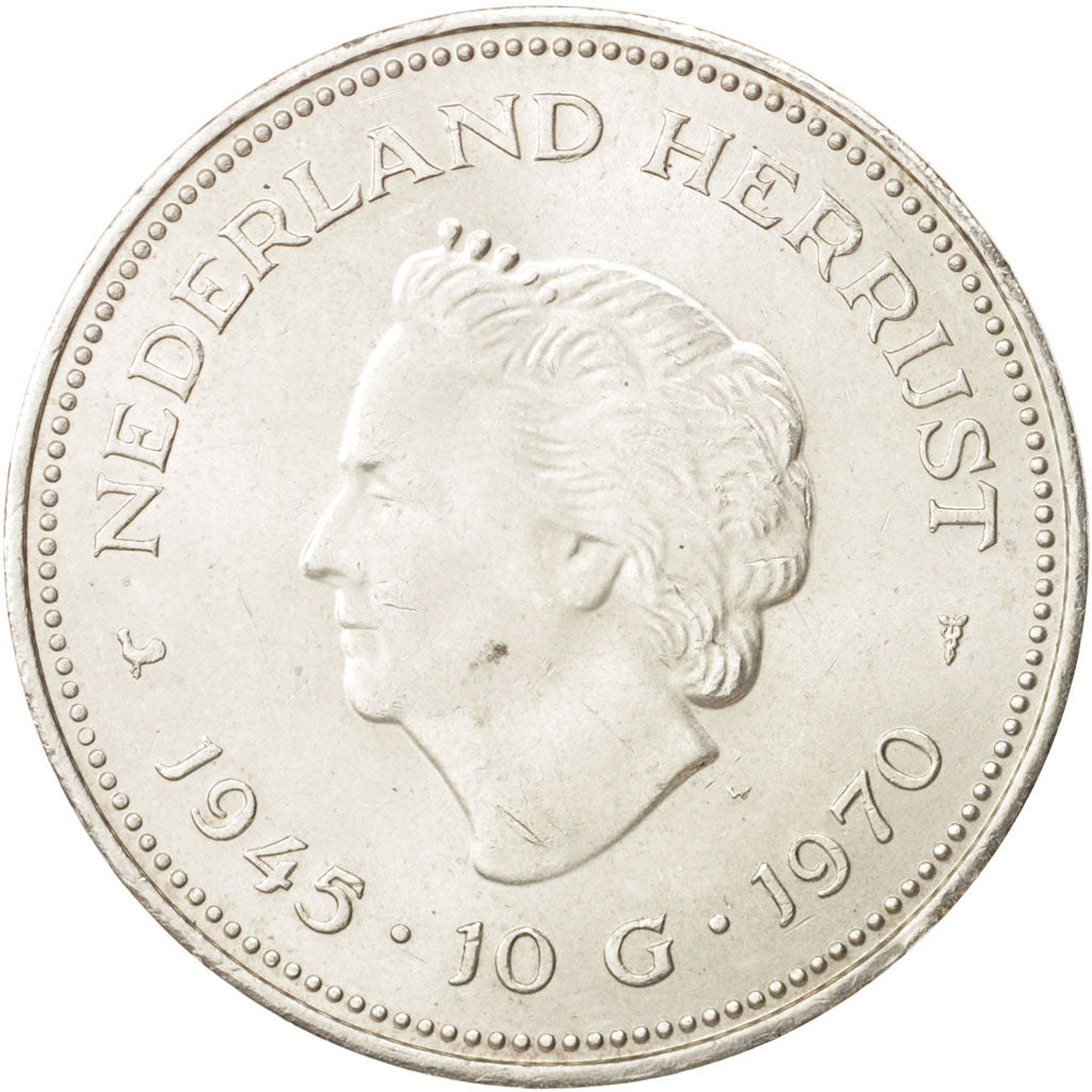Coin, Netherlands, Juliana, 10 Gulden, 1970, AU(55-58), Silver, KM:195