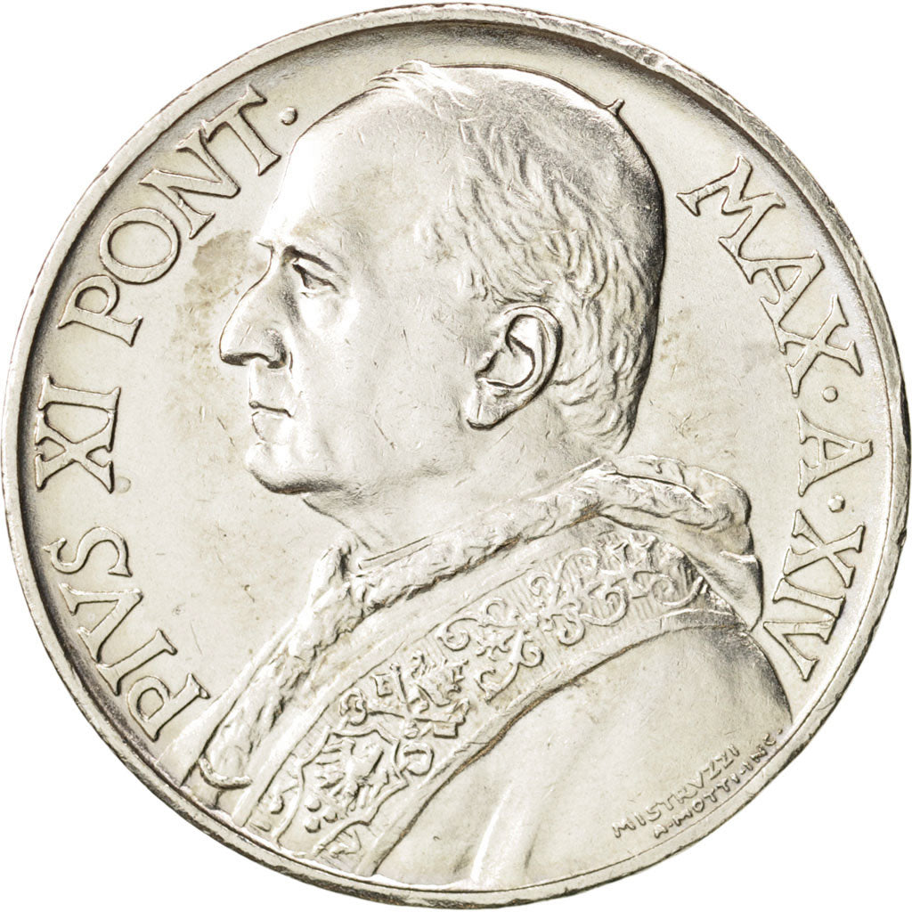 VATICAN CITY, Pius XI, 10 Lire, 1935, AU(55-58), Silver, KM:8