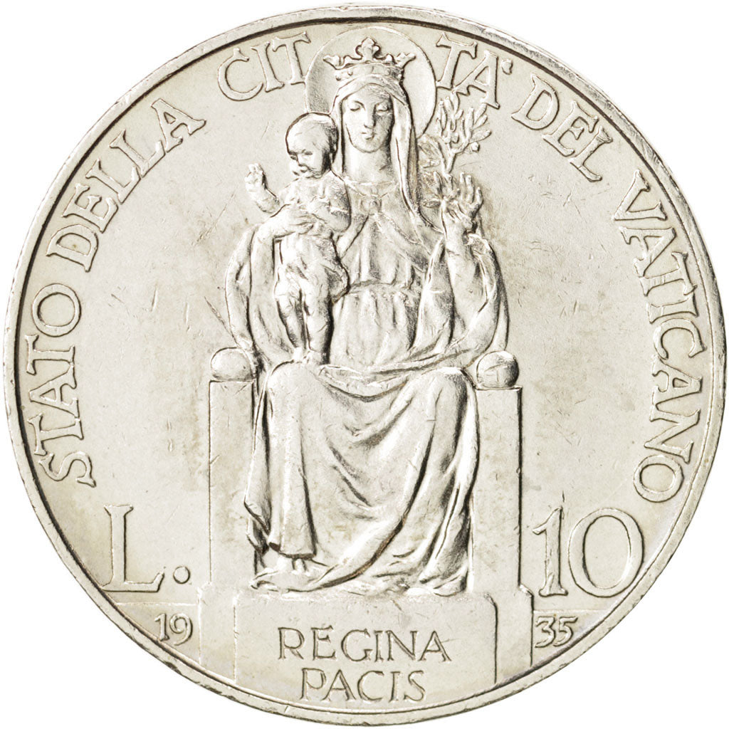 VATICAN CITY, Pius XI, 10 Lire, 1935, AU(55-58), Silver, KM:8