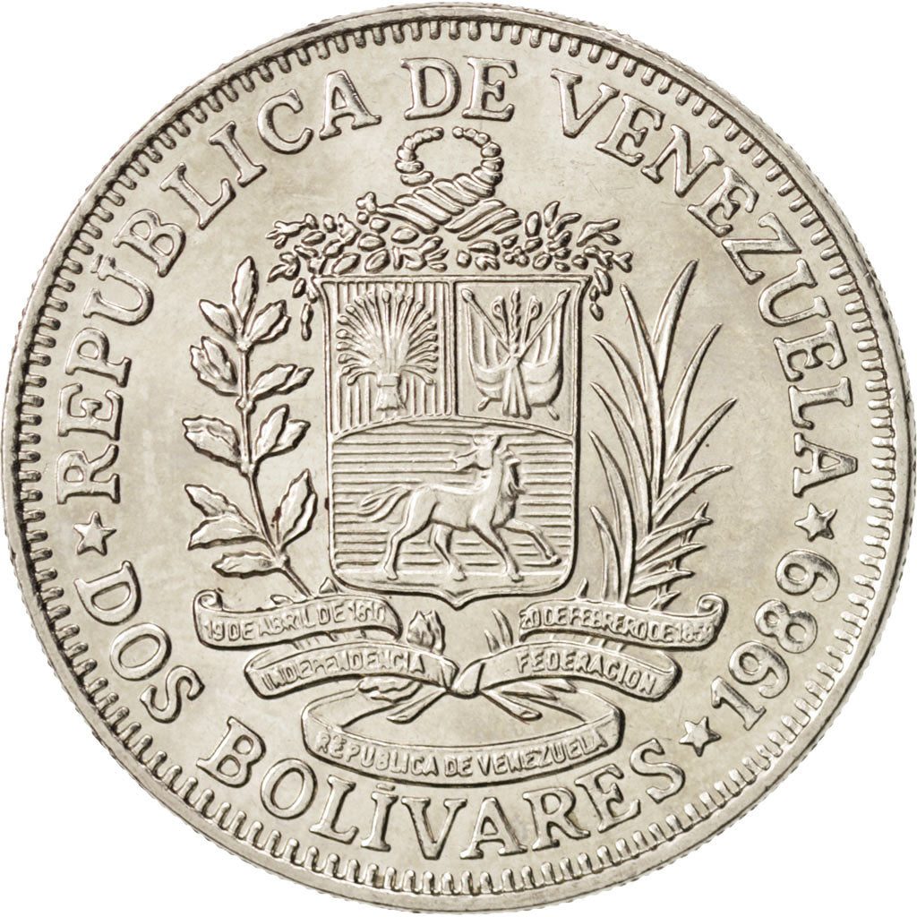 Venezuela, 2 Bolivares, 1989, MS(60-62), Nickel Clad Steel, KM:43a.2