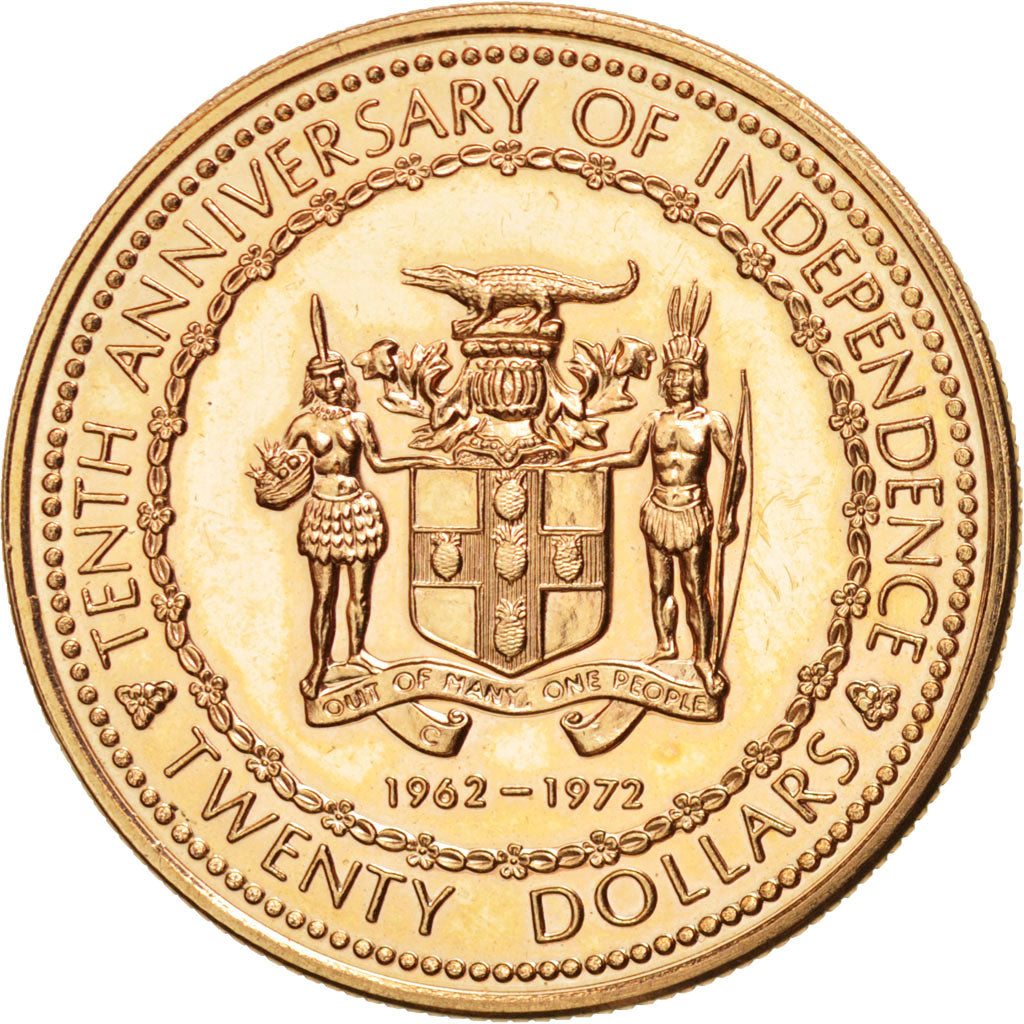 Jamaica, Elizabeth II, 20 Dollars, 1972, MS(63), Gold, KM:61