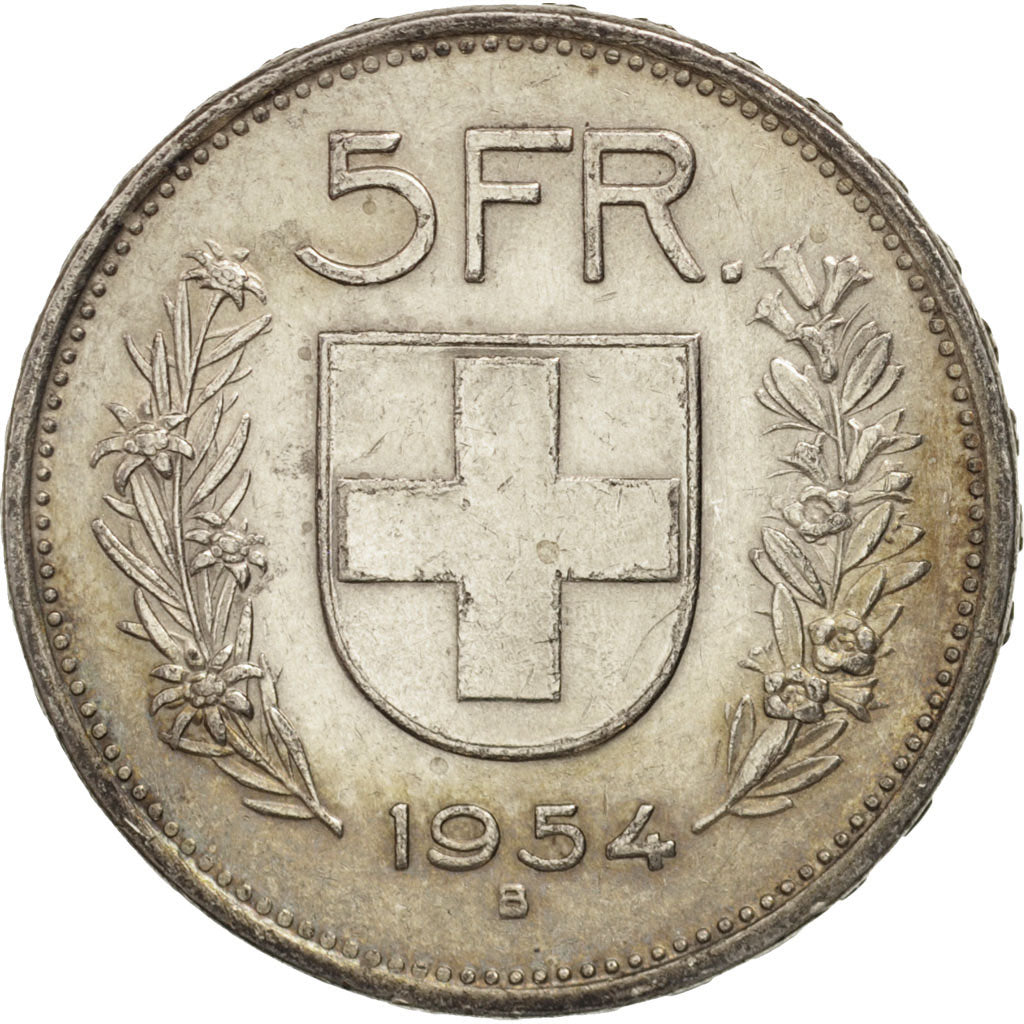 Coin, Switzerland, 5 Francs, 1954, Bern, AU(55-58), Silver, KM:40