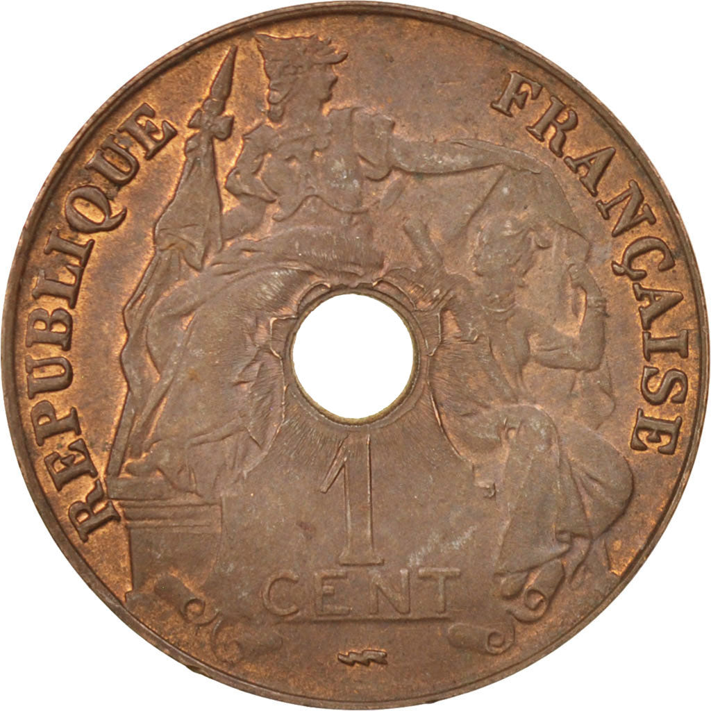 FRENCH INDO-CHINA, Cent, 1922, Poissy, AU(55-58), Bronze, KM:12.3