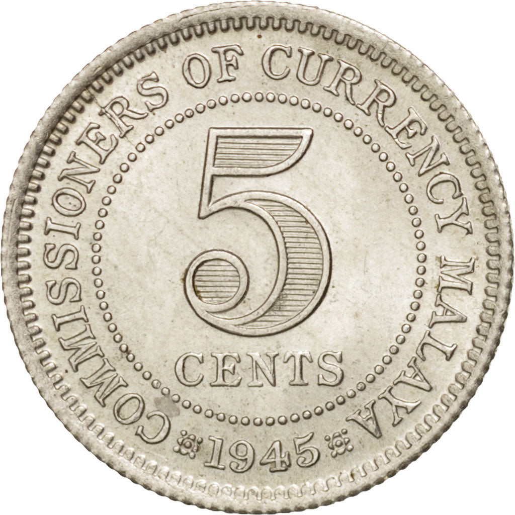 MALAYA, 5 Cents, 1945, MS(63), Silver, KM:3a