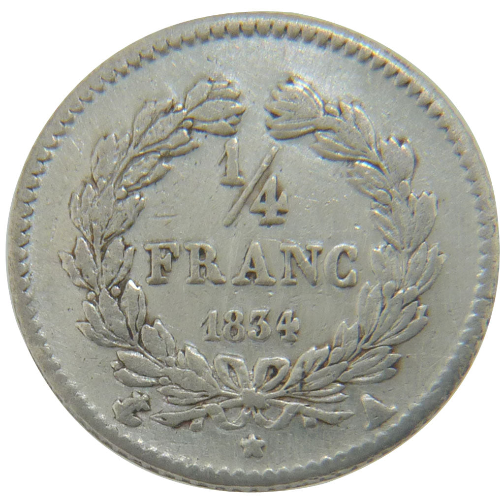 FRANCE, Louis-Philippe, 1/4 Franc, 1834, Paris, EF(40-45), Silver, Gadoury...