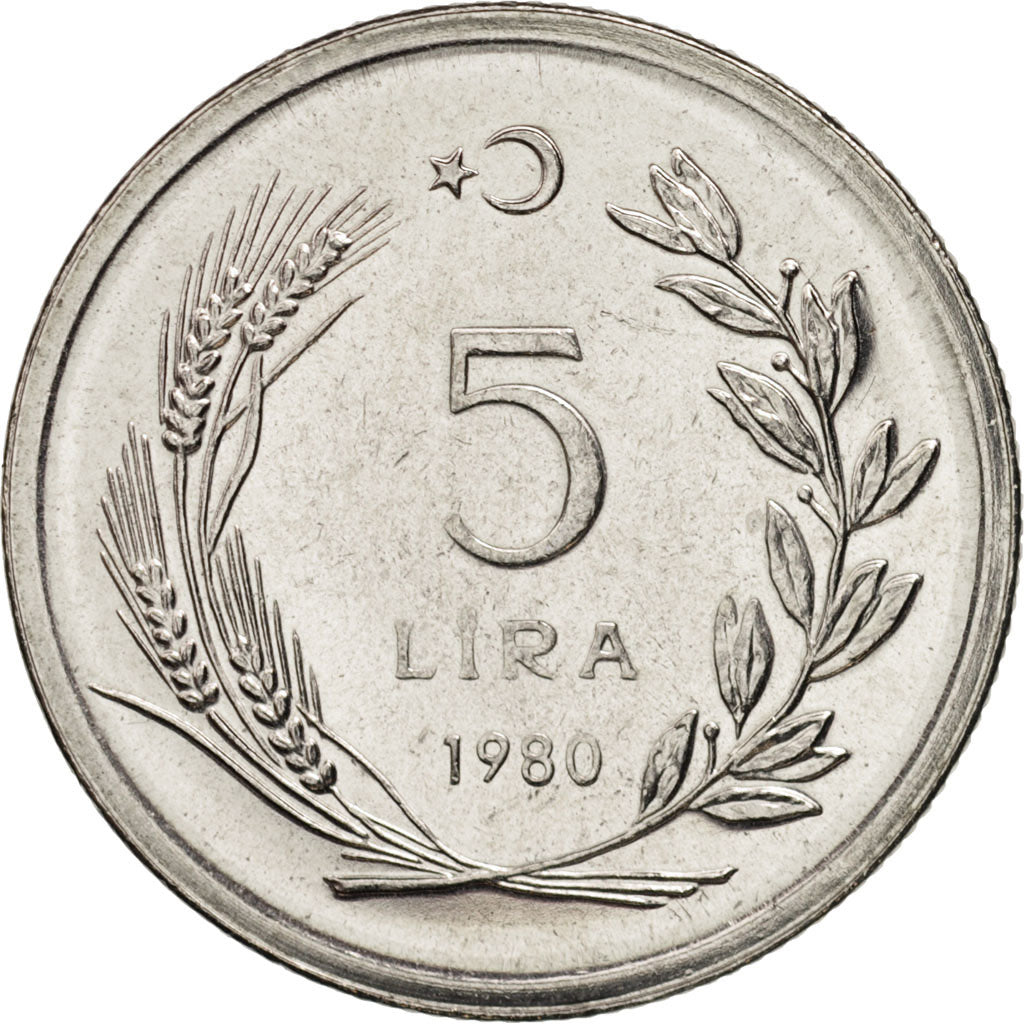 Turkey, 5 Lira, 1980, MS(65-70), Stainless Steel, KM:939