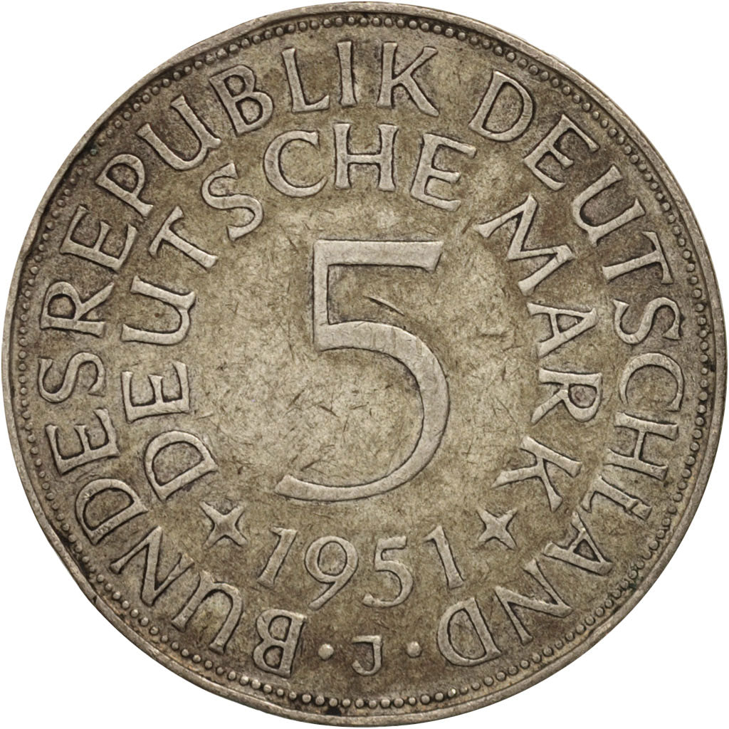 Coin, GERMANY - FEDERAL REPUBLIC, 5 Mark, 1951, Hamburg, EF(40-45), Silver