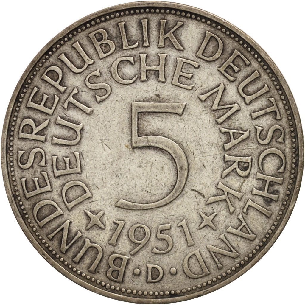 Coin, GERMANY - FEDERAL REPUBLIC, 5 Mark, 1951, Munich, EF(40-45), Silver