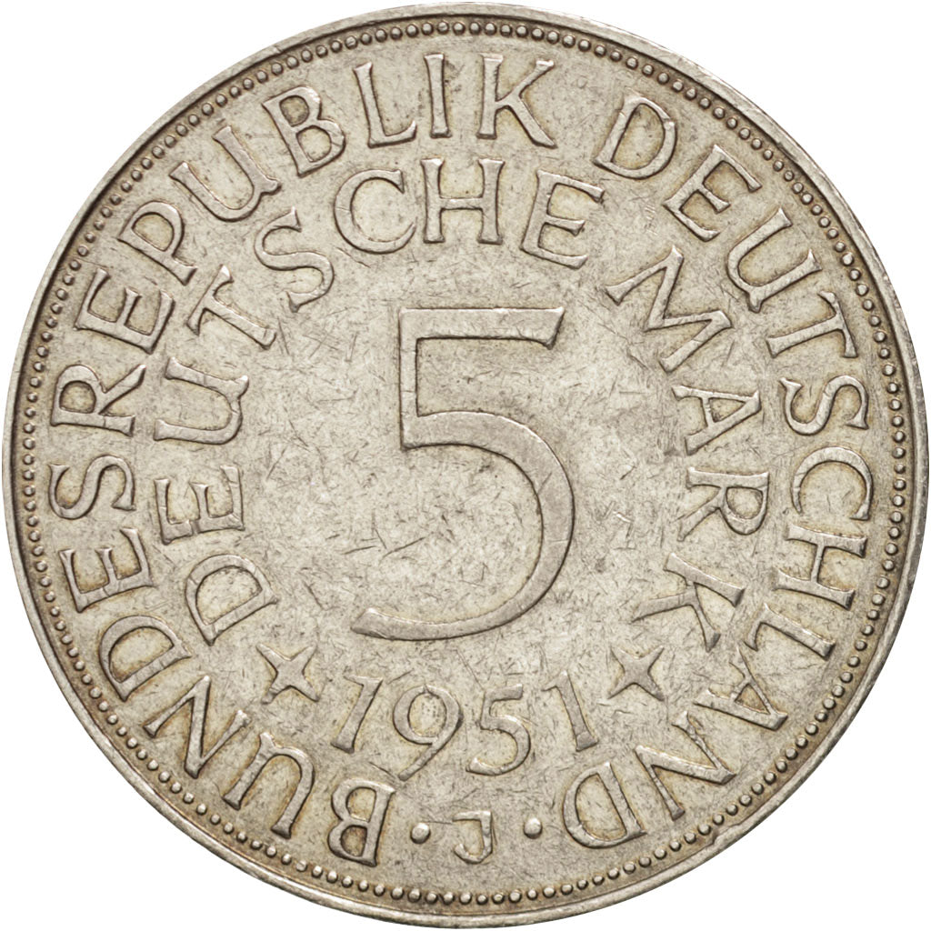 Coin, GERMANY - FEDERAL REPUBLIC, 5 Mark, 1951, Hamburg, EF(40-45), Silver