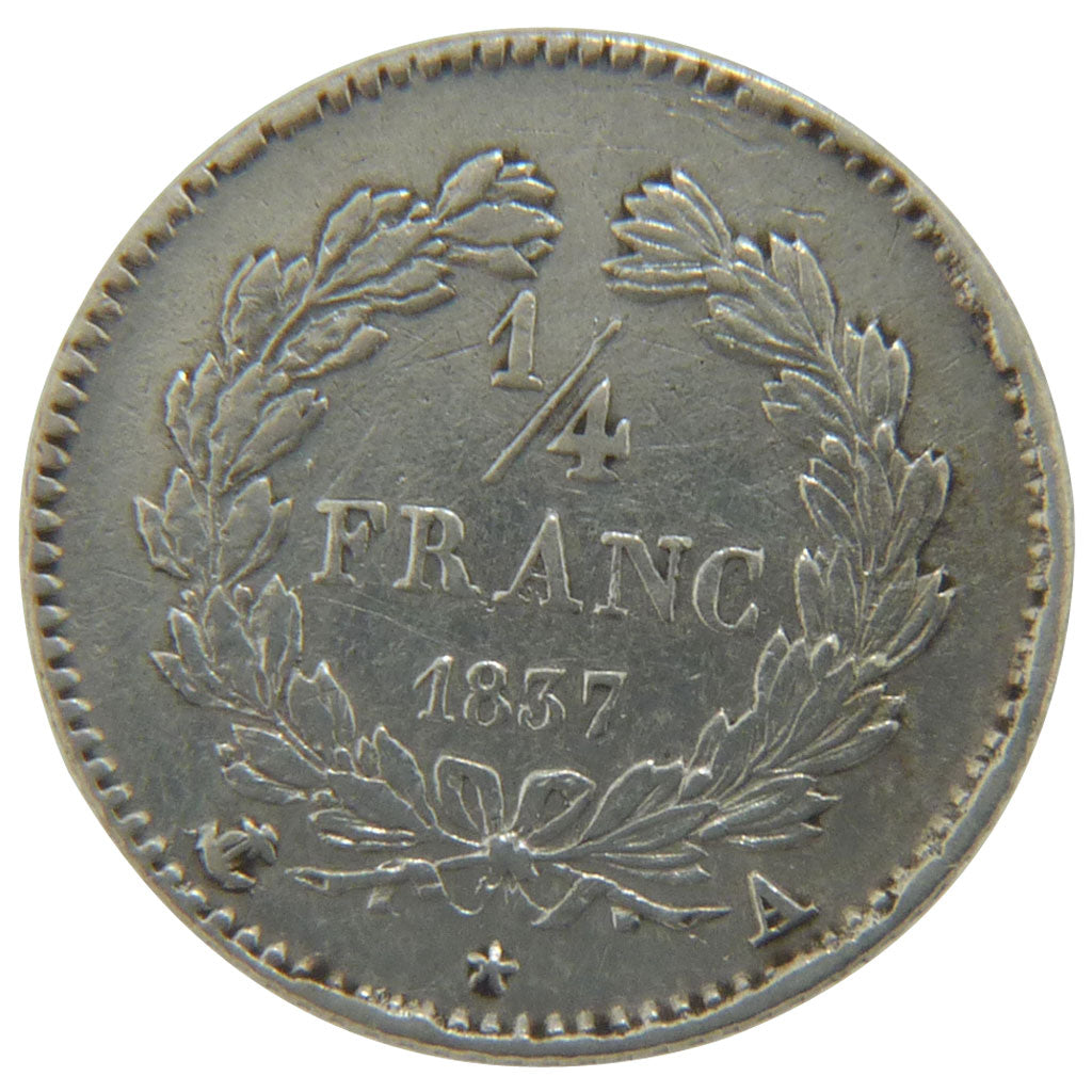 FRANCE, Louis-Philippe, 1/4 Franc, 1837, Paris, EF(40-45), Silver, Gadoury...