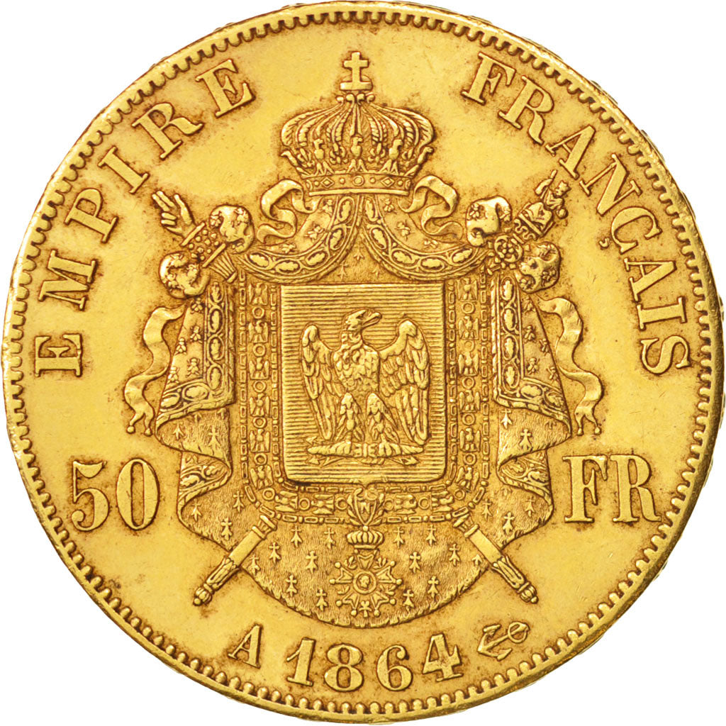 France, Napoleon III, 50 Francs, 1864, Paris, AU(50-53), Gold, KM:804.1