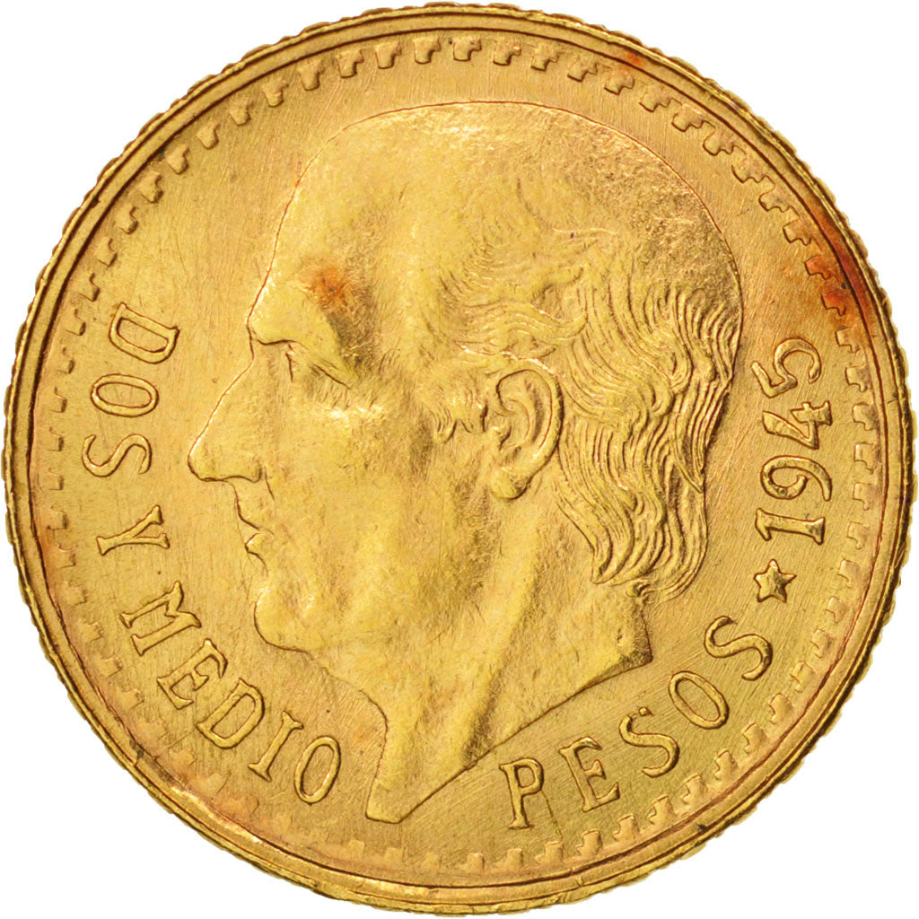 Mexico, 2-1/2 Pesos, 1945, Mexico City, AU(50-53), Gold, KM:463